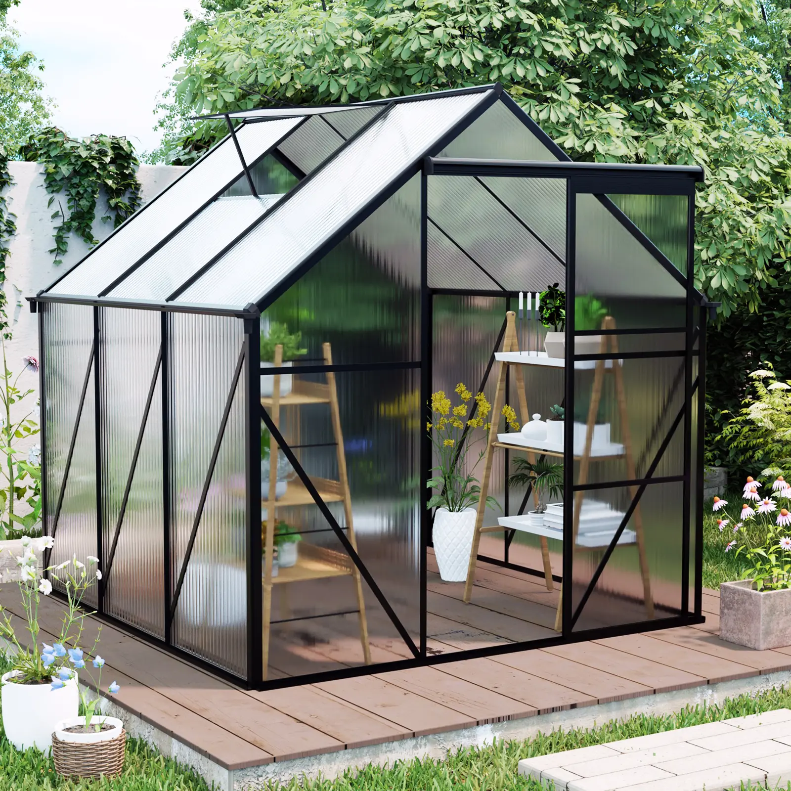 6x6FT Walk-in Greenhouse Tent with Raised Base and Anchor Kit, Heavy Duty Polycarbonate Greenhouse for Outdoor Backyard All Season Use, Black Frame, Easy Assembly, 1 Pack, Home Furniture and Household Product Search Terms for US Online Shopping