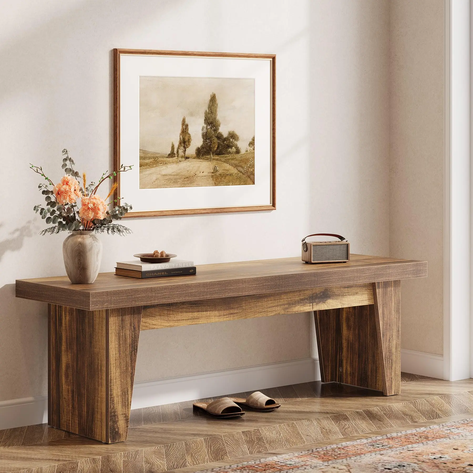 Tribesigns Wooden Entryway Bench with Storage, 55" Farmhouse Style for Bedroom and Hallway, Easy Assembly, Dark Brown