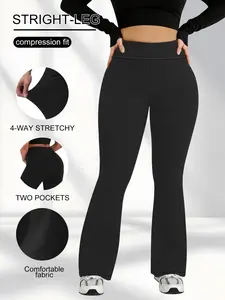 Plus Size Women's Flare Pants, Ultra Soft Warm Fabric, High Waist Yoga Pants, Slim-Fitting Casual Belly Control, Sporty Style