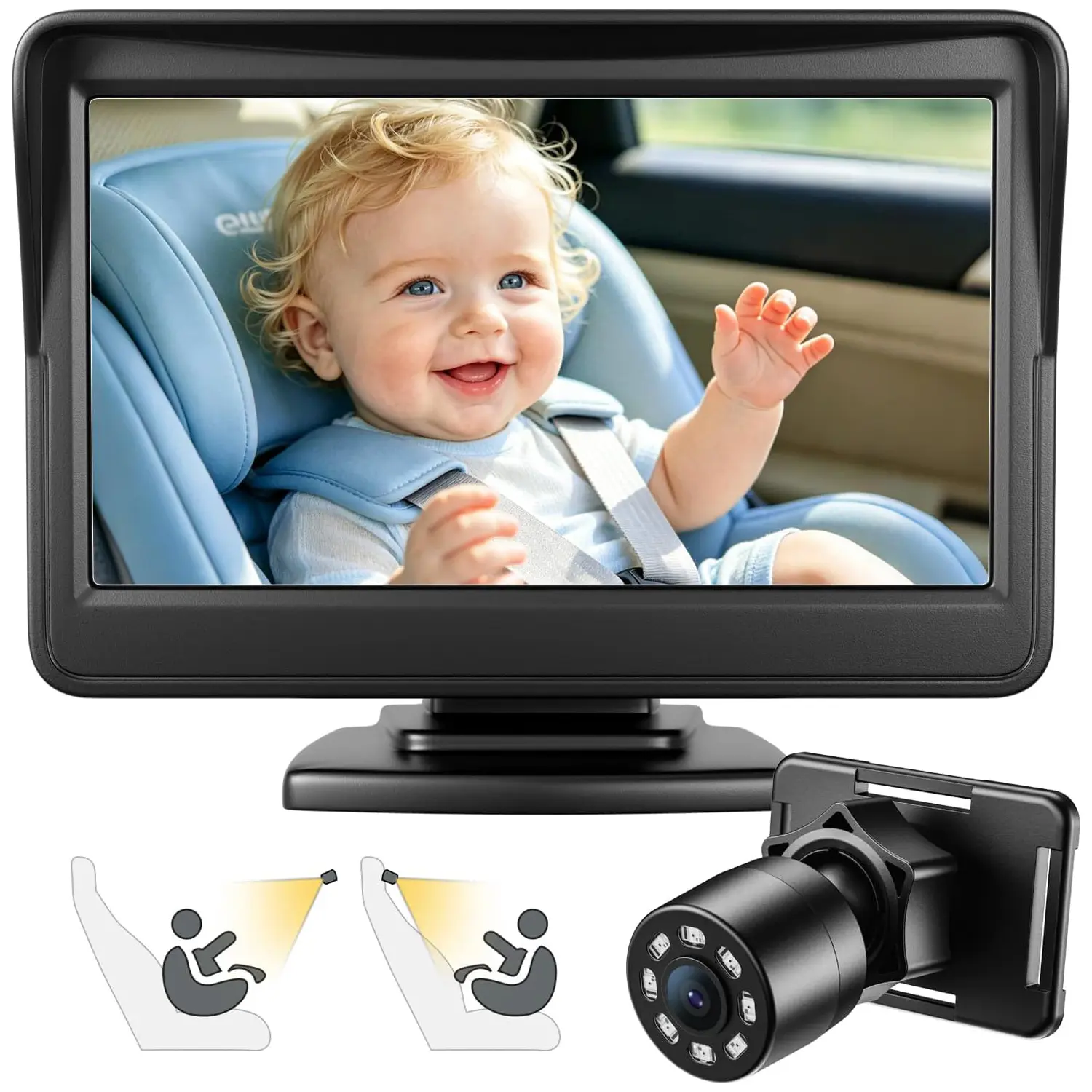 Car Baby Camera, 4.3'' HD Infrared Night Vision Function Baby Car Camera Display, Backseat Camera for Kid with 150° Wide View & 360° Rotatable Easy Installation in 5 Mins Rear Facing Mirrors