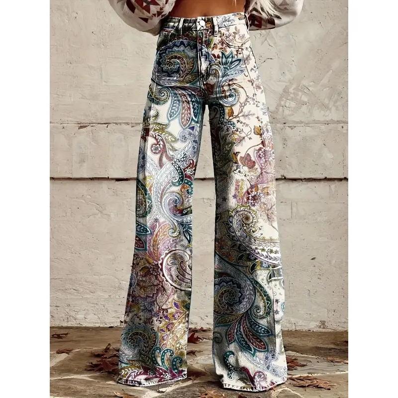 Women's Retro 3D Graffiti Sunflower and Blinds Imitation Jeans - Loose Mid-Waist Gradient Washed Denim Pants, Suitable for All Seasons, Machine Washable Retro Style