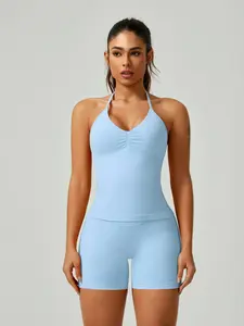 Two-piece Set Women's Solid Ribbed Crop Tank Top & High Waist Shorts Tracksuit Set, Casual Breathable Comfortable Seamless Two-piece for Yoga Gym Workout Running, Ladies Sportswear for All Seasons, Workout Sets Women, Elegant Gym Outfits