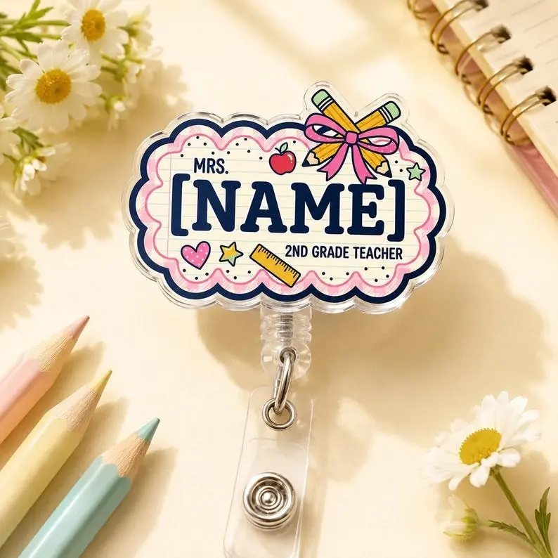 Custom Teacher Badge Reel, Retractable ID Badge Holder, Cute Schoolhouse Notebook Name Tag, Teacher Appreciation Gift, Kindergarten Teacher