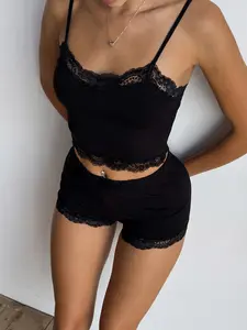 Lace Patchwork Round Neck Halter Top and Shorts Set, Y2K Backless Sexy Casual Home Wear, Basic Summer for Women, Spaghetti Strap, Womenswear