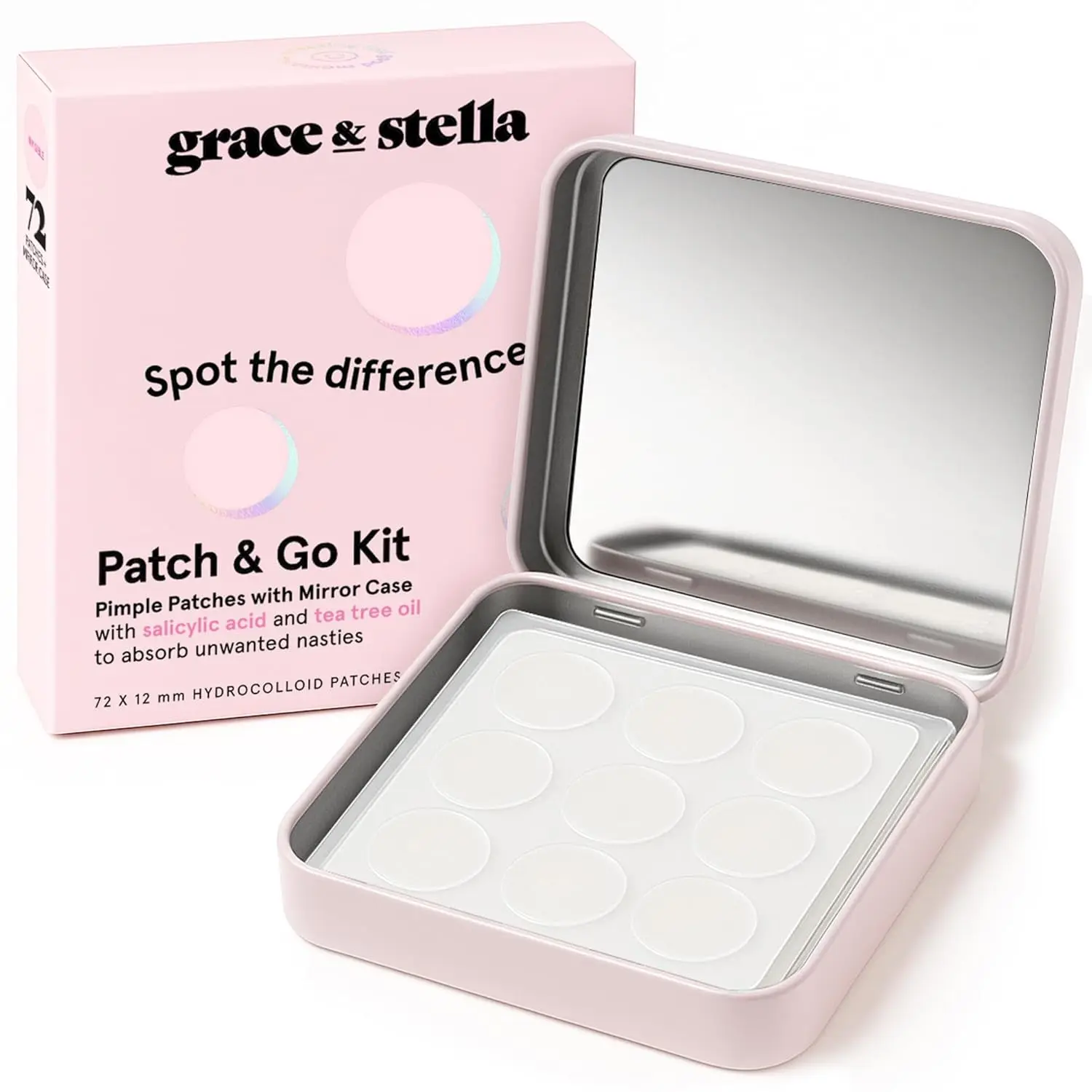 grace & stella Award Winning Cute Pimple Patches for Face - with Mirror Pimple Patch Case - Dermatologist Tested Hydrocolloid Acne Patches for Face - for Breakouts, Whiteheads (Pack of 72, Round)
