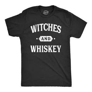Mens Witches and Whiskey T Shirt Funny Halloween Drinking Tee Mens Funny T Shirts Cool Vintage Fashion T-Shirt Gift Classic Menswear Halloween Apparel for Men Funny Drinking Short Sleeve Novelty Tees for Guys Black