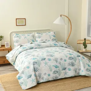 Ocean Set Full/Queen Size Beach Theme Bedding Lightweight Reversible Seashell Conch Bedspread Coverlet Seaweed Bed Cover with 2 Pillow Shams