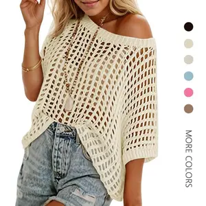 Danedvi Womens Crochet Sweater Tops Batwing Short Sleeve Oversized Boat Neck Boho Knit Summer Beach Cover Ups Knitwear Womenswear