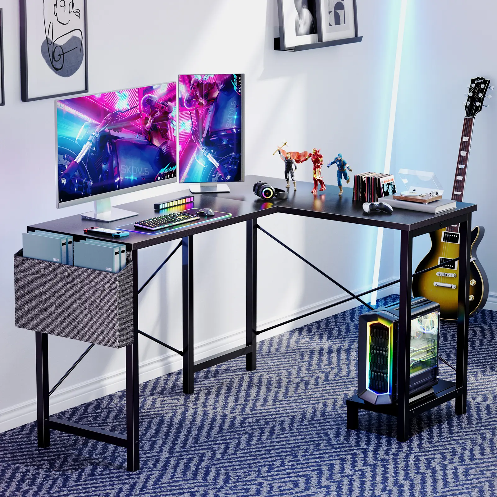 Furnest Furniture Indoor Furniture L Shaped Computer Desk - Gaming/Work Table Corner Desk 50 Inch PC Writing Desk Study Desks with Wooden Desktop CPU Stand Side Bag Reversible for Home Office Dorm Small Space