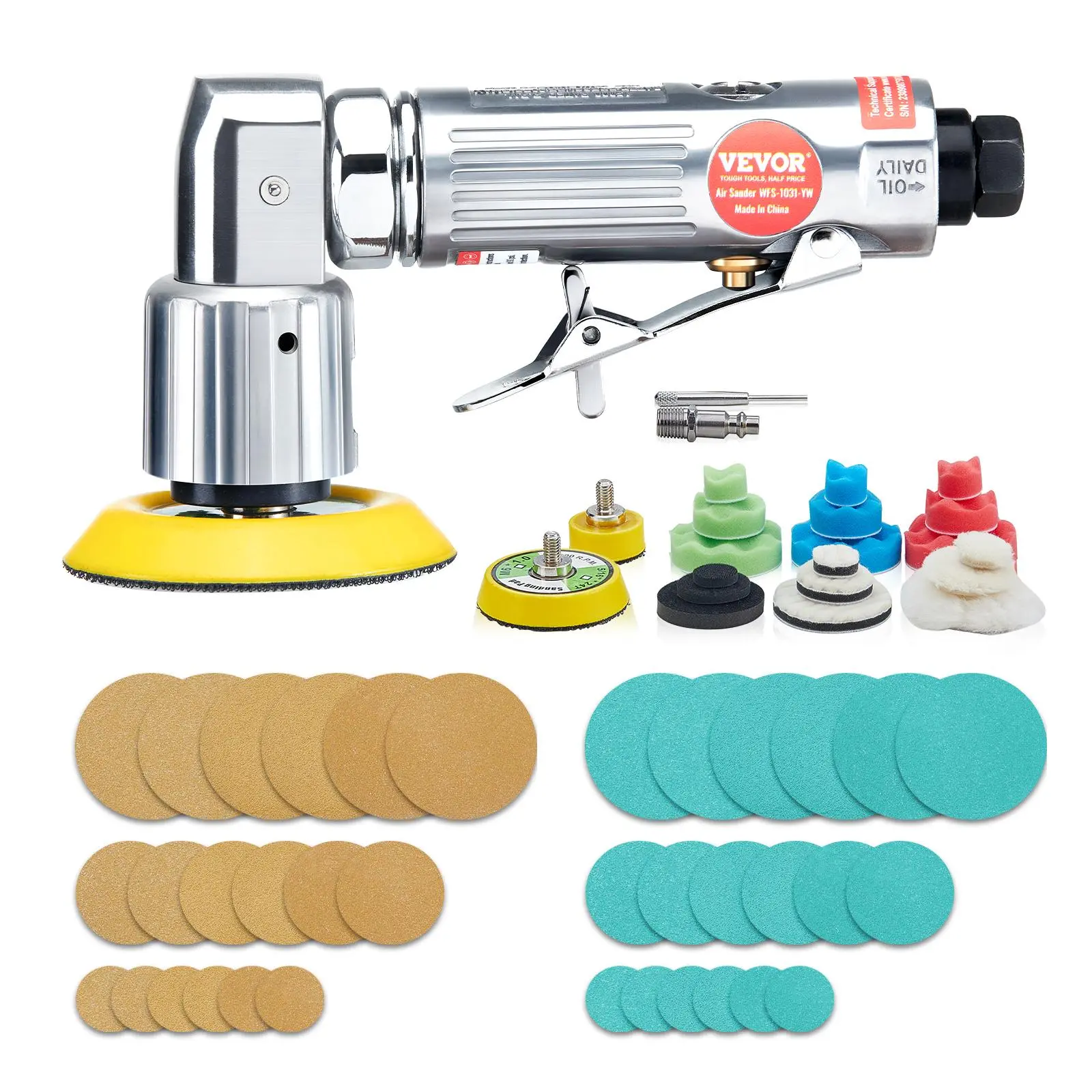 VEVOR Random Orbital Air Sander Tool Kit - 1/2/3 in, 15000RPM High-Speed Mini Pneumatic Sander, 58PCS Air Powered Tools with Sandpapers, Wool Pad, Wavy Sponges, 1/4" NPT, Portable Random Orbital Polisher for Auto Body Polishing, Metal, Plastic, Cast Iron,