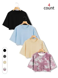 Women's Crop Top Tee Set, Casual Streetwear Summer Oversized Crew Neck Short Sleeves, Soft Breathable Fabric, Trendy Tie-Dye & Solid Colors, All-Day Comfort