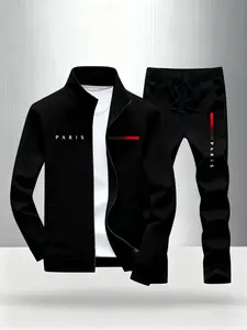 Men's new casual sports set, including a comfortable zipper jacket and loose fitting pants, adorned with the word "Paris" and fashionable red and black stripes, is perfect for occasions such as Halloween, Christmas, Thanksgiving, etc.