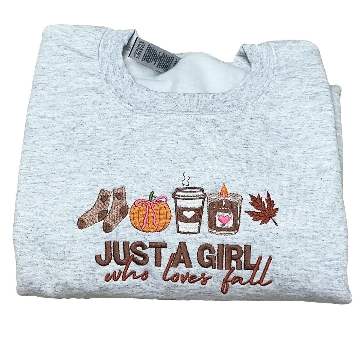 Just a Girl Who Loves Fall Embroidered Sweatshirt – Cozy Autumn Design with Pumpkin, Coffee, Candle and Leaf, Cute Unisex Fall Pullover, Perfect Gift for Her, Friends or Fall Birthday
