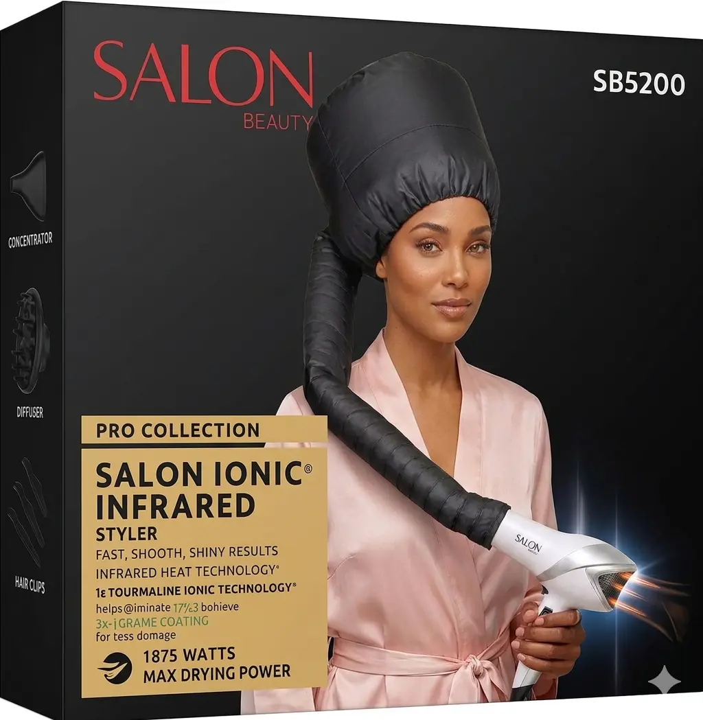 Salon Beauty SB5200 Pro Bonnet Hair Dryer - 1875W Ionic Infrared Styler with Soft Hood Attachment, Smooth Blowout at Home Kit for Curly Locks, Bouncy Curls