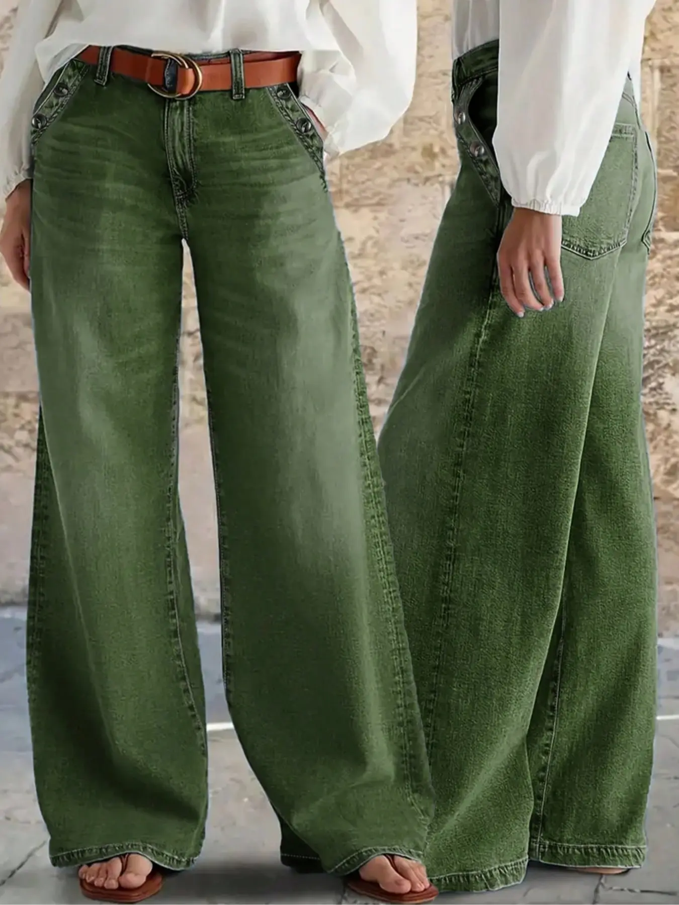 New Women's Casual Multi-Button Wide Leg Denim Jeans, High-Quality Stylish Comfortable Trousers for Everyday Outfits