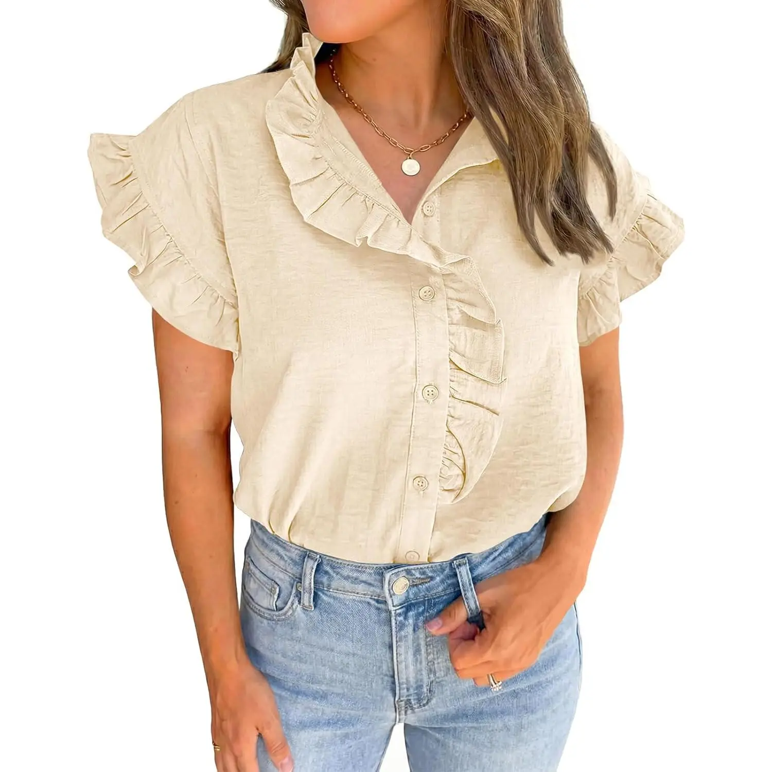 TANKANEO Women's Cropped Plaid Blouse, Comfortable Sexy Ruffle Cap Sleeve V-Neck Button Down Top for Summer Dressy Casual
