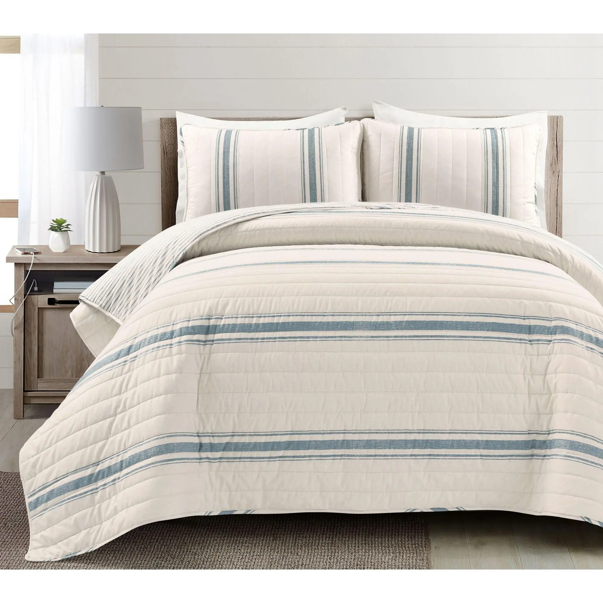 Farmhouse Stripe Reversible Cotton Quilt Blue 3Pc Set King