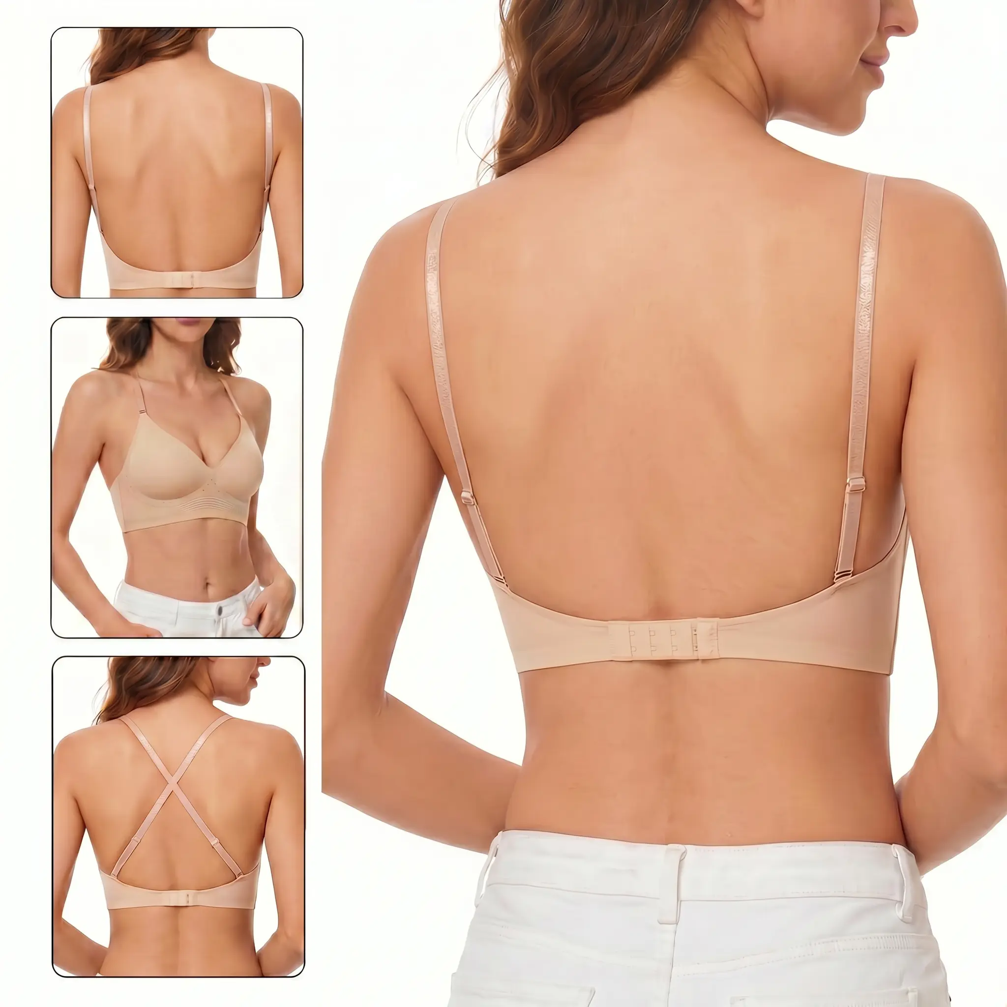 LUCKMEEY Deep V Low Back Backless Bra (A–C Cups) for Small-Breasted Women, Seamless Invisible Lightly Lined Demi Bra with Convertible Halter Neck Straps for Backless Dresses, Parties & Special Occasions