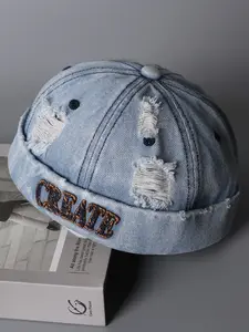 Elegant Japanese Style Washed Denim Cap with Hole Design, Fashionable Letter Embroidery Beanie Hat, Unisex Trendy Flat Top Hat, Fitted Cap, High Quality Hat, Casual Hat