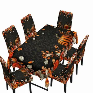 Halloween Pumpkin Tablecloth with Dining Chair Covers Set (5pcs/7pcs) Black Autumn Floral Leaves Harvest Fall Kitchen Dining Room Table Decor Party Decor Chair Slipcovers