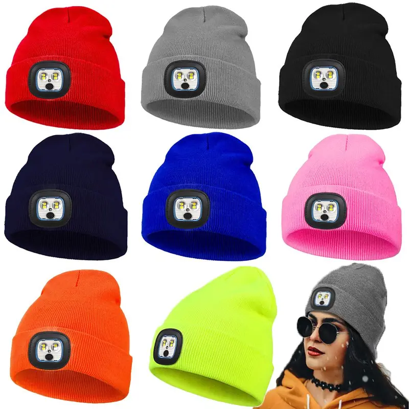 Unisex Knitted Hat with LED Lights, Four LED Lights, Ideal for Night Walking, Fishing, Camping, Hunting, Sporty Winter Style