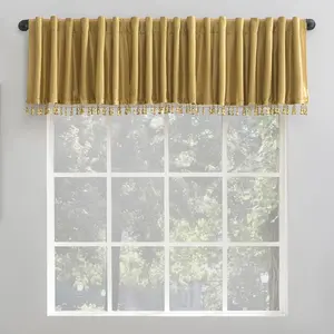Greyson Faux Dupioni Silk Beaded Tassels Thermal Extreme Total Blackout Back Tab Curtain Valance, 50" x 17", Gold