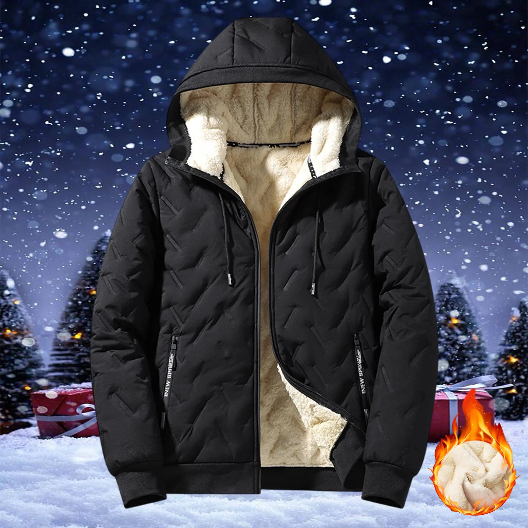 Men’s hooded winter jacket with thick down lining for warmth, cold-resistant, windproof, waterproof, with zippered pockets—a casual outerwear essential for autumn and winter.