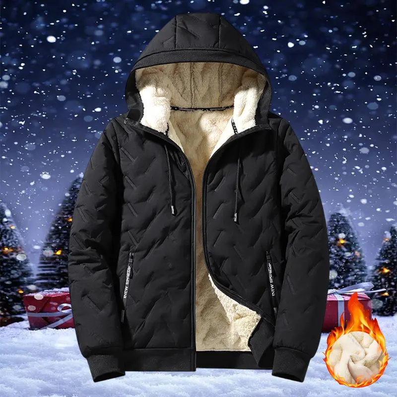 Men’s hooded winter jacket with thick down lining for warmth, cold-resistant, windproof, waterproof, with zippered pockets—a casual outerwear essential for autumn and winter.