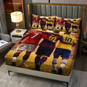 3pcs Soccer Star Digital Print Fitted Sheet Set, Printed Bedding Set, Breathable, Wear-Resistant, Adjustable Woven Bedding Set, Soccer Themed Bedding, Washable Mattress Cover Protector for Boys and Girls in Bedroom Decor, Available in Multiple Sizes