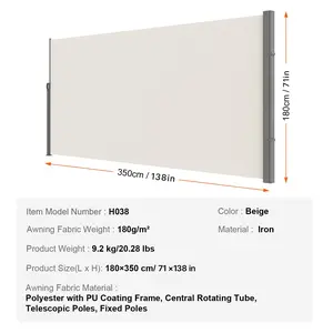 VEVOR Retractable Side Awning, 71''x 138'' Outdoor Privacy Screen, 180g Polyester Water-proof Retractable Patio Screen, UV 30+ Room Divider Wind Screen for Patio, Backyard, Balcony, Beige