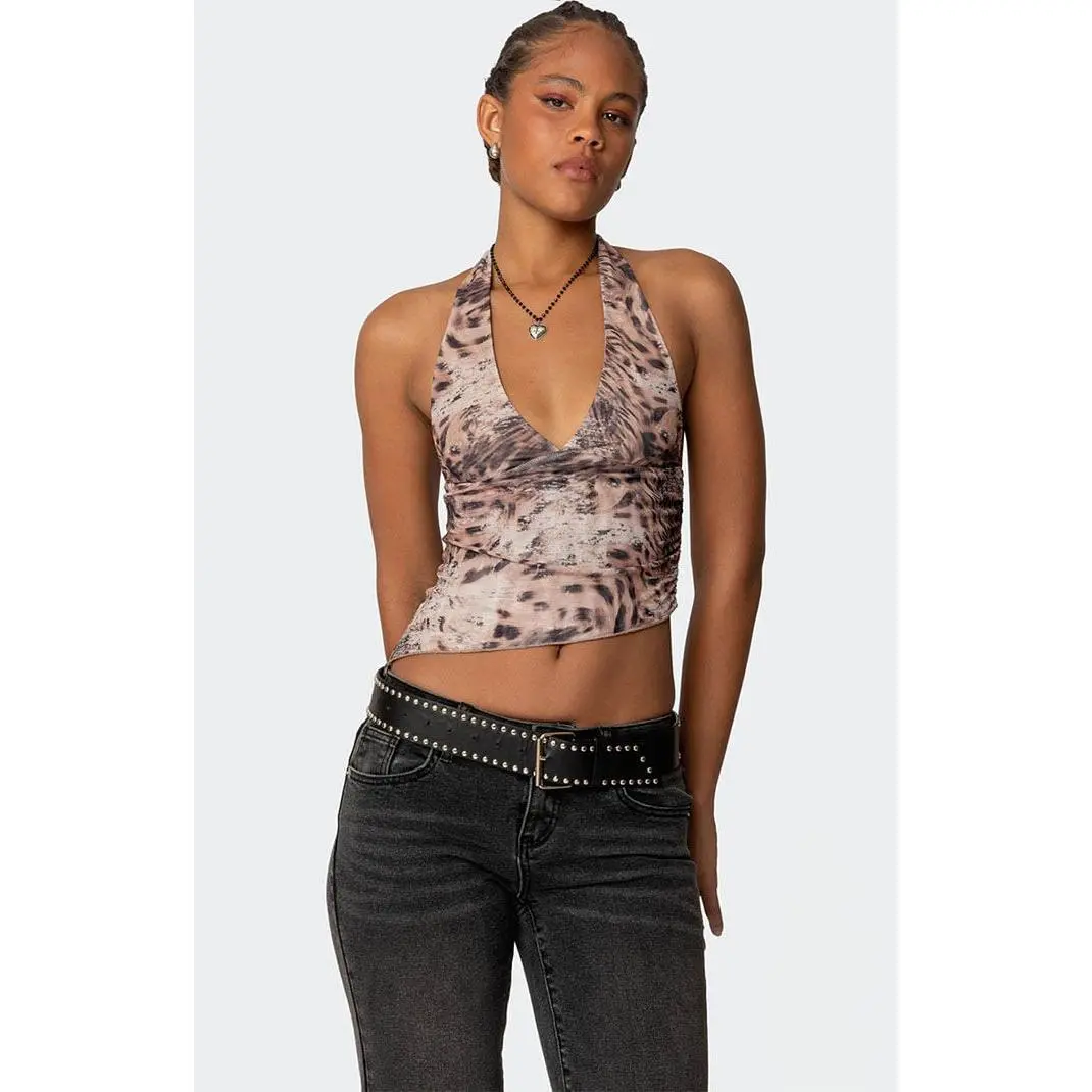 Edikted Women's Leopard Mesh Asymmetric Halter Top
