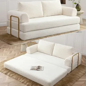 80” Convertible Sleeper Sofa Bed, High Back Plush Corduroy Boneless Futon Loveseat with Pull Out Bed, Fixed-Shape Folding Floor Mattress Couch, No Assembly Required (Beige)