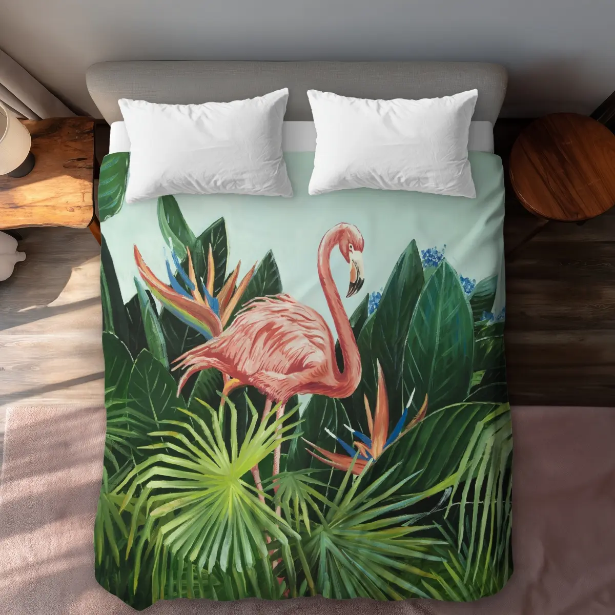 Begin Home Decor C1DCQSW089P93R Queen Size 1-Piece Decorative Duvet Cover, Tropical Flamingo Pink Botanical Theme Floral Bedding for Tropical Vibe - Textiles & Soft Furnishings Bedding Linen, One-Piece