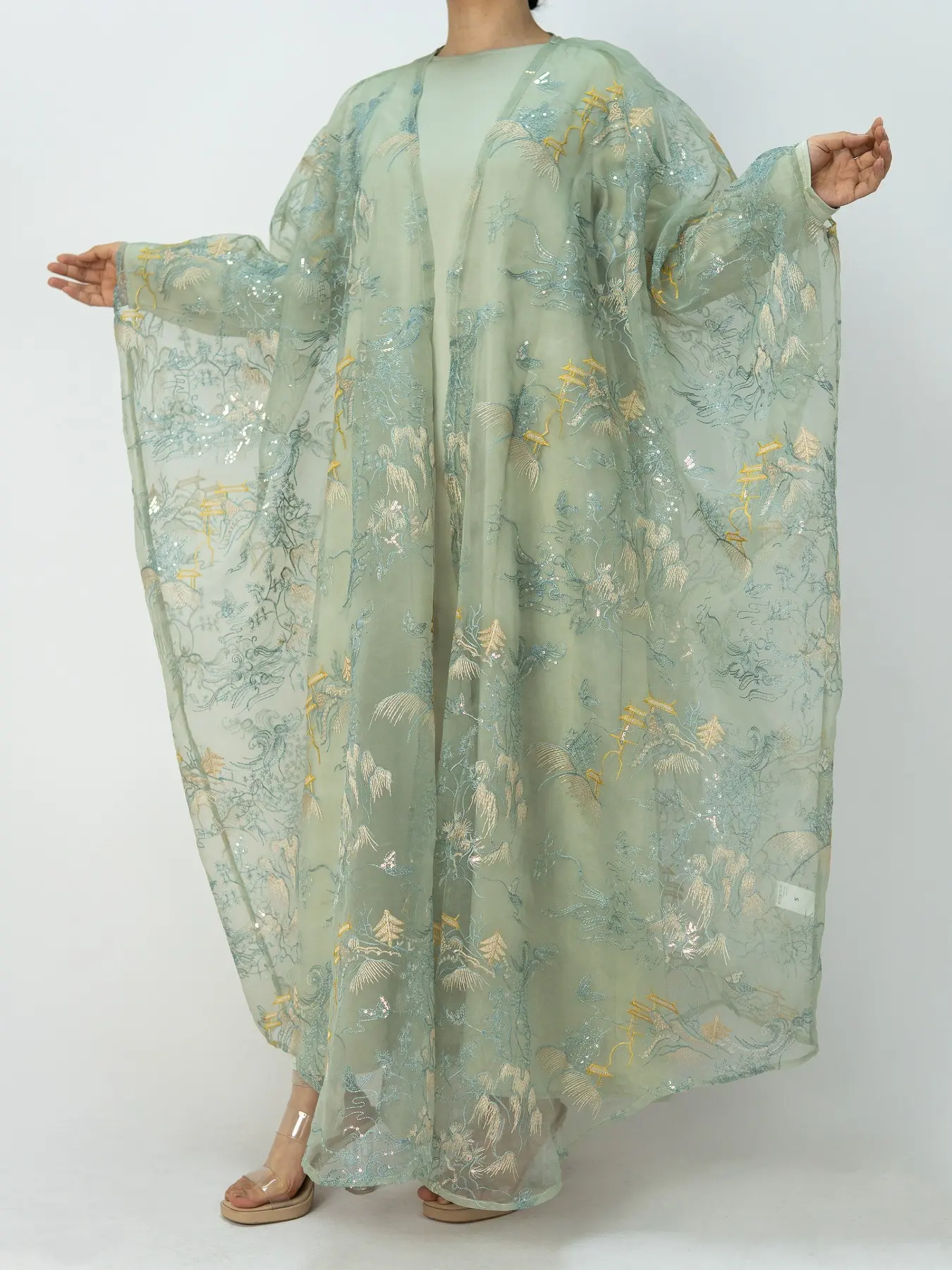 Women's 2-Piece Batwing Sleeve Embroidered Sequin Cape Set (Open Front Abaya + Inner Dress), Stylish and Elegant for All Occasions