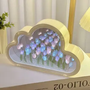 Tulip Night Light with Mirror, DIY Cloud Design, Multi-Color Glowing Tulip Lamp, Bedroom Decor Gift for Women, Girlfriend, Sister
