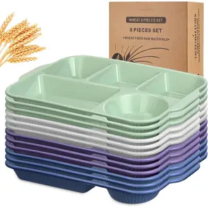 12 count 13'' Large Divided Plates  Unbreakable Wheat Straw Plates 5 Compartment Lunch Trays Bulk Microwave Dishwasher Safe  Portion Control Plates(White,Purple,Green,Blue)