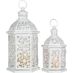 Lanterns Decorative Outdoor&Indoor, Set of 2 (15"&7") White Metal Lantern Decor, Candle Holder for Porch, Patio, Christmas, Balcony, Wedding, Table Centerpiece