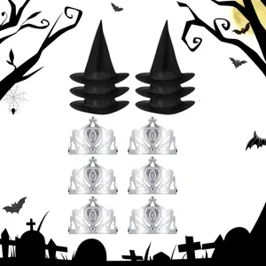 12pcs Witch Hat and Princess Crown Set, 6 Royal Queen Crown and 6 Black Wizard Hats for Pink Green Party Decor Favor Gift, Ideal for Birthday Parties, Dress Up Parties