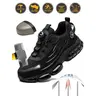 Men's Closed Breathable Mesh Steel Toe Work Shoes - Fabric Upper, Anti-Slip EVA Sole, Elastic Closure, Casual Striped Design, All-Season Comfort Fit, Outdoor Working Shoes, Fathers' Day Gift