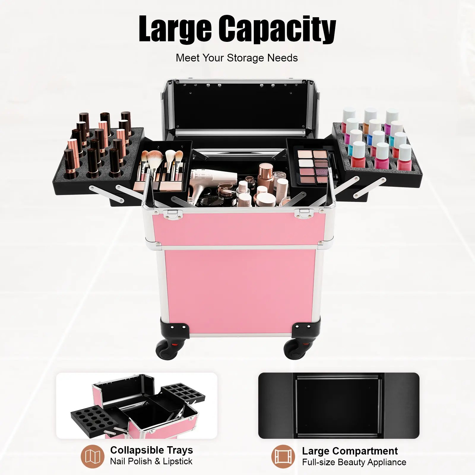 CNCEST Professional Metallic Rectangular Aluminum Alloy Rolling Storage Organizer Trolley - 4 Expandable Layers, Lock, Wheels, 13.23 lbs, Makeup Containers for Travel Artists (Black/Pink) for Transportation, Makeup Storage Organizer, Multi-Layered