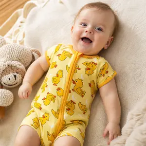 mossriver Baby Bamboo Onesies, Short Sleeve Duck Print Zip Romper, Soft Breathable Animal Character Sleep & Play for Infants