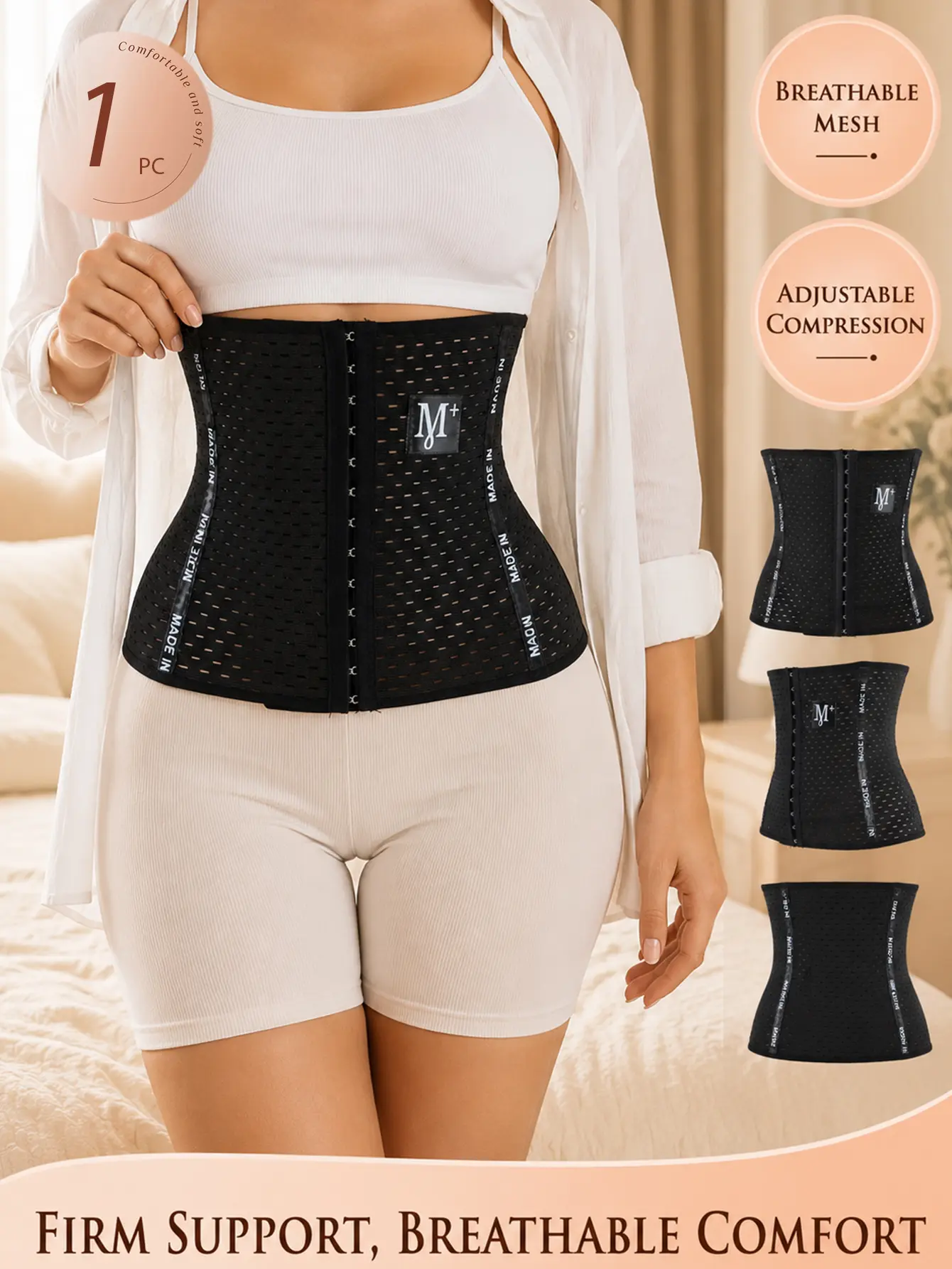 QUASTI 1PC Breathable Mesh Waist Trainer, Tummy Control Adjustable Compression Hook Closure Waist Cincher, Hourglass Waist Shaper Corset Daily Body Shaping