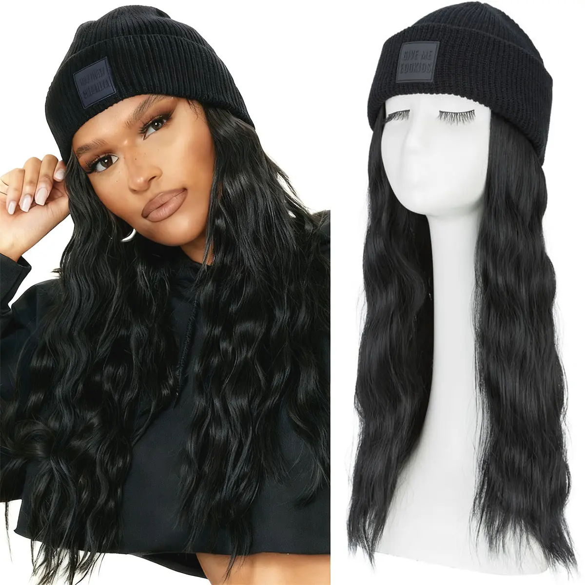 MY-LADY Women's Knitted Cap Beanie Wig, Synthetic Straight-Long Hair Extensions Full Machine Wig Fashion Accessory, Wigs campingessentials