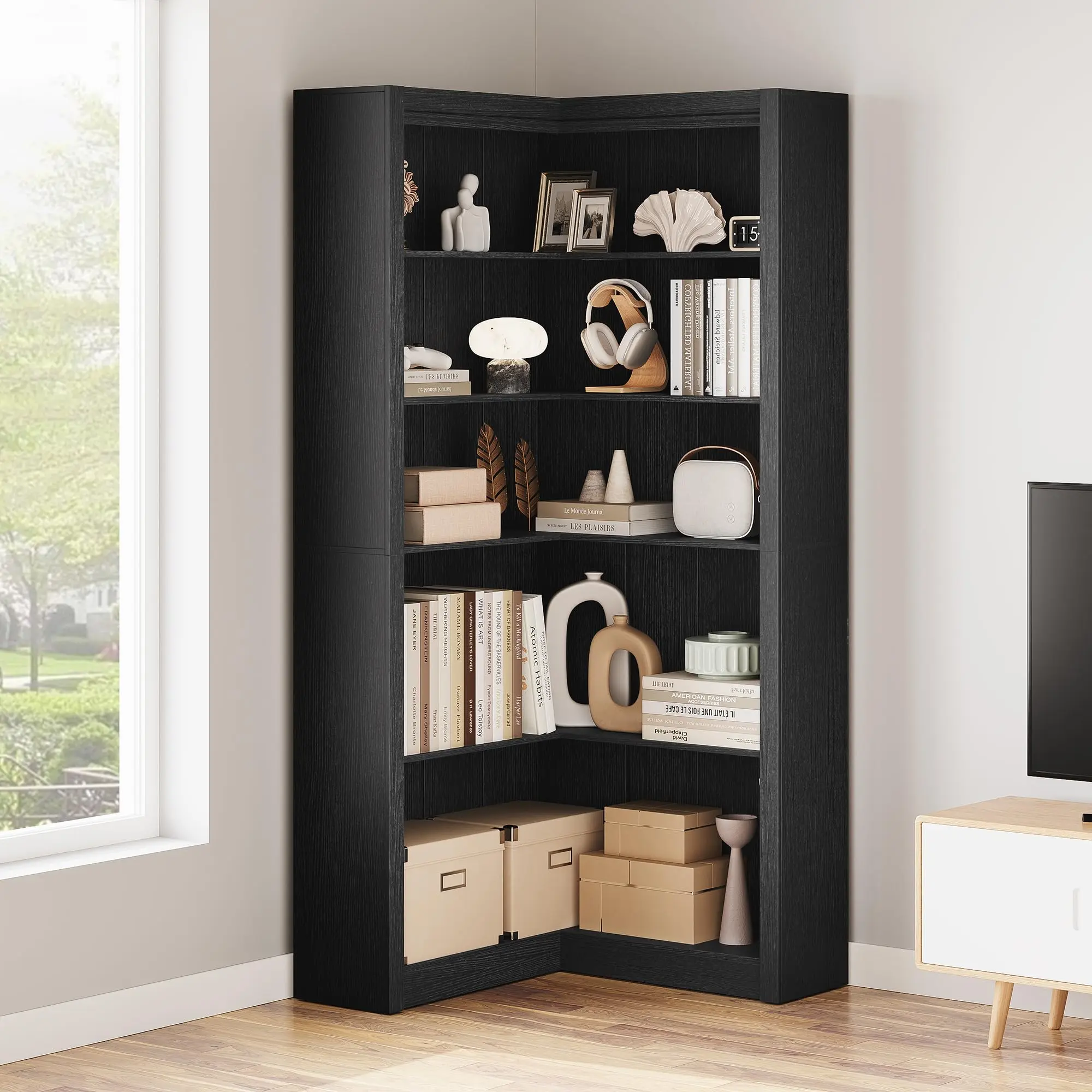 Heavy Duty L-Shaped Corner Bookshelf with Storage, 71.8'' Tall 5-Tier Farmhouse Bookcase, Large Open Corner Display Shelf for Living Room, Home Office - Heavy Duty Cabinets, Racks & Shelves, Durable Cabinets, Racks & Shelves
