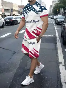 Men's American Flag Style Two-Piece Set, Short Sleeve Tee & Track Shorts, Casual Summer Fashion, Graphic Print, All Seasons Wear