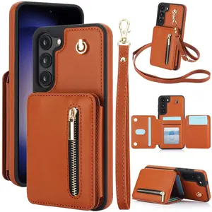 Lanyard-style card holder phone case for Galaxy S24 Ultra zipper leather case S26+ crossbody card holder phone case A57 protective case S25