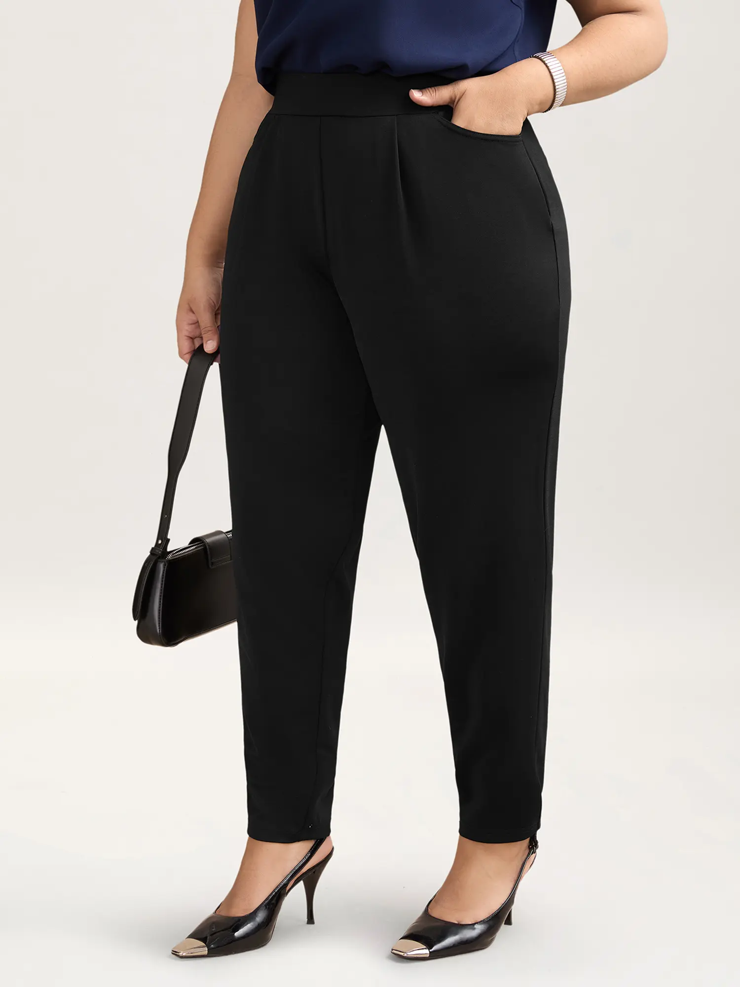 BLOOMCHIC Women's Plus Size Wide-Leg Garment Pants - Black Mid-Rise Polyester Blend with Stretchy Waist, Pocket, Full-Length Plus Size Basics for Leisure, Office Wear