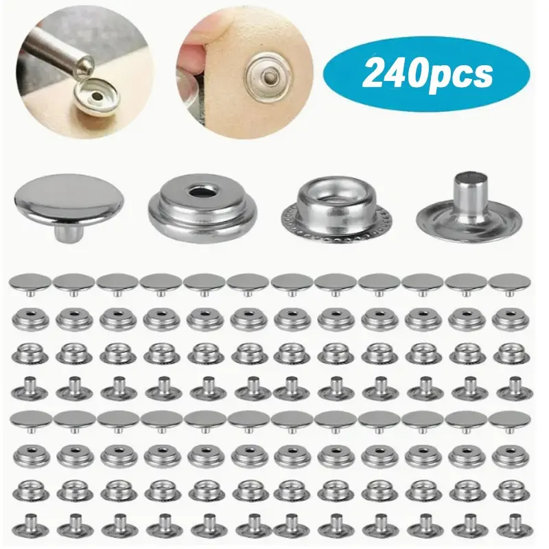240 Pieces Stainless Steel Snap Fastener,15mm Heavy Duty Snap Button Press Stud Cap for Jeans Fabric Jackets Clothes Bag Leather DIY Craft,Hand Tools Kits