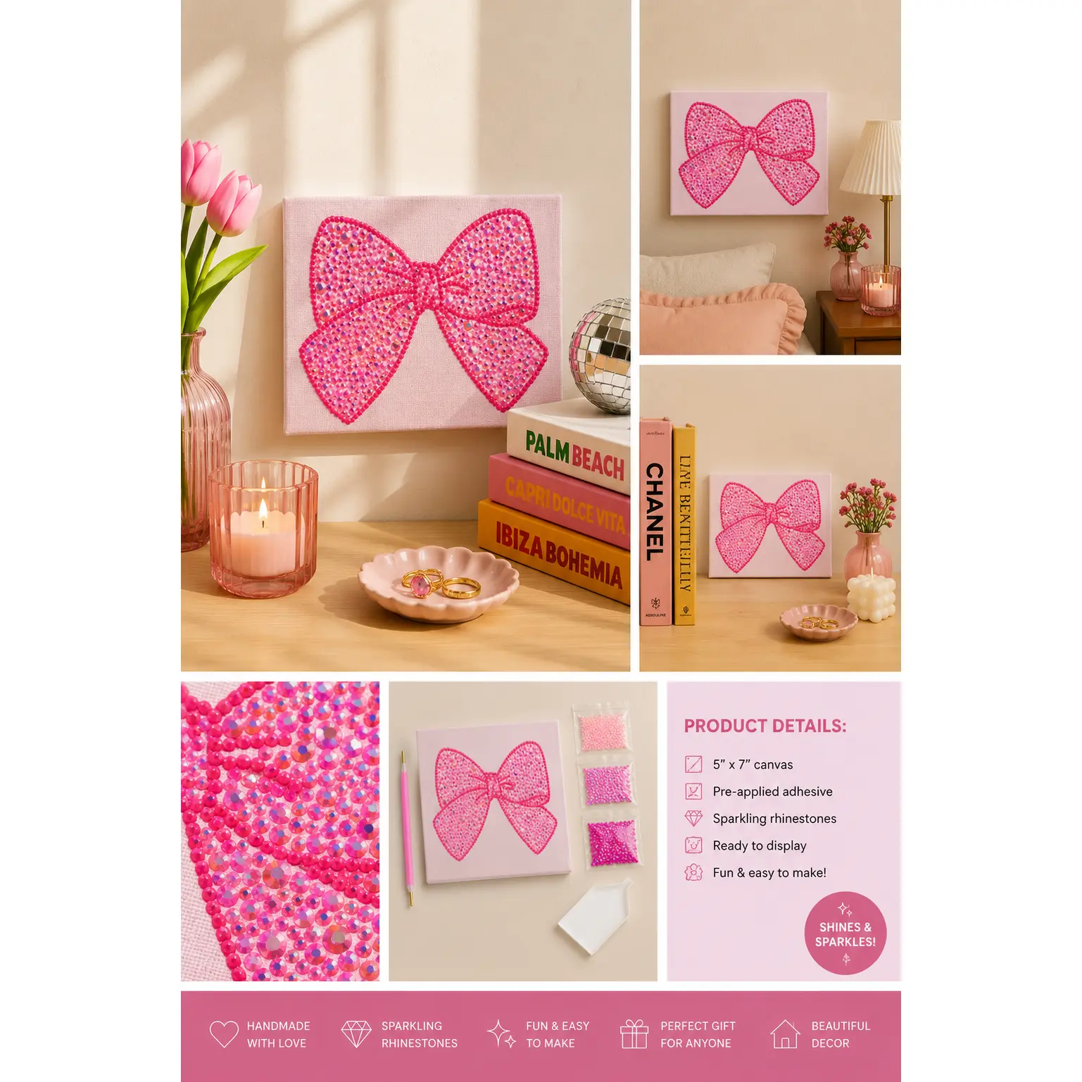 5” x 7” x 0.75” Pink Bow Coquette Bedazzling Kit - Beginner-Friendly DIY Craft Supply with Beads, Instructions, Perfect Gift for Anyone