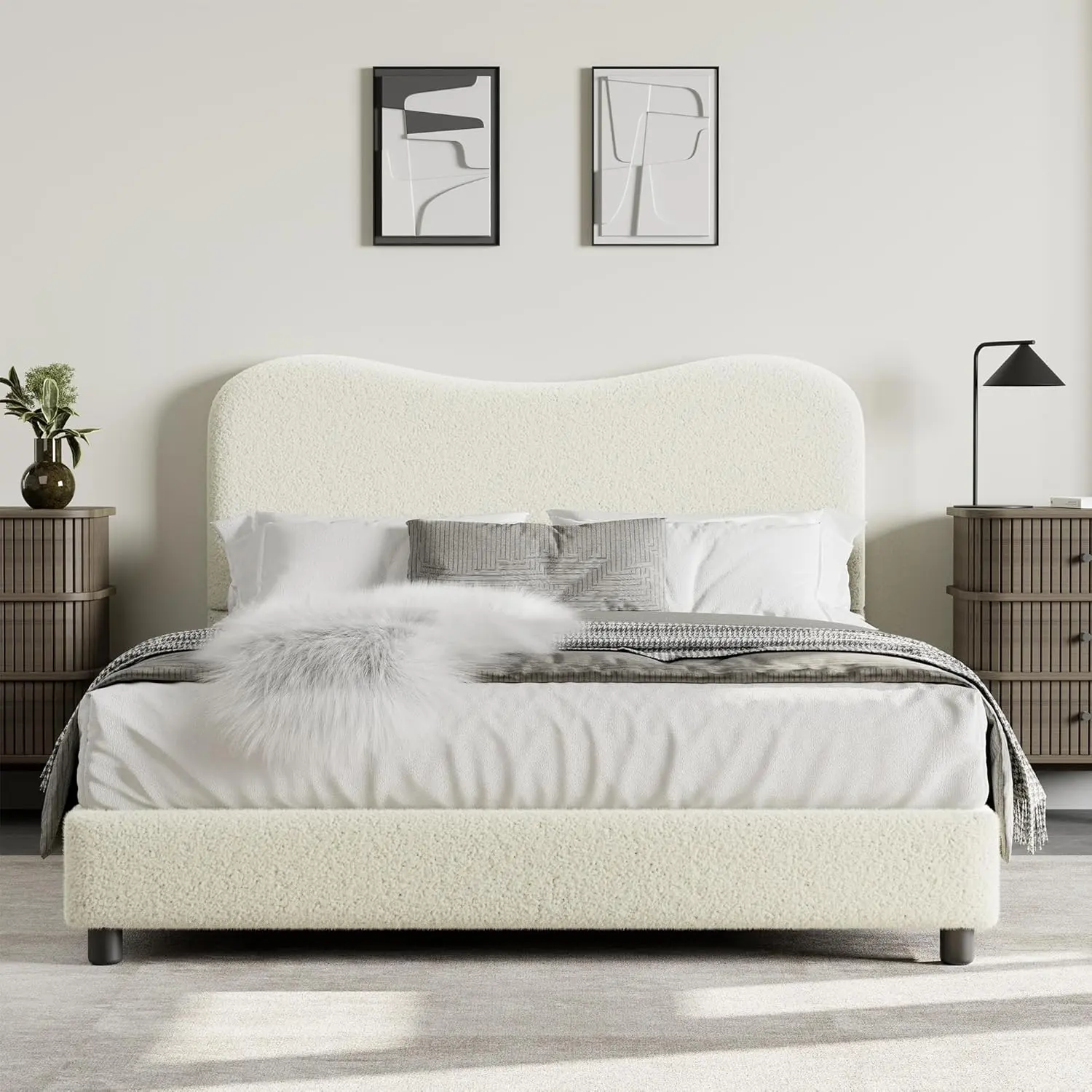 Senfot Boucle Upholstered Headboard Low-Profile Sturdy Platform Bed Frame, Queen Size, Rounded Corners Design, Heavy-Duty Wooden Slats, Noise-Free, No Box Spring Needed, Bed Frames, Queen Bed Frame